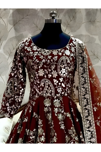 MYSMAR Maroon Colored Embroidered Chinnon Silk Gown Bottom & Dupatta Set - PMM13306 | Maroon