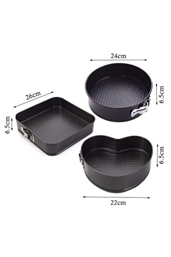 Axroad Mall Set of 3 Baking Pans (Heart/Round/Square), 22/24/26 cm, Carbon Steel, Non-stick, Black