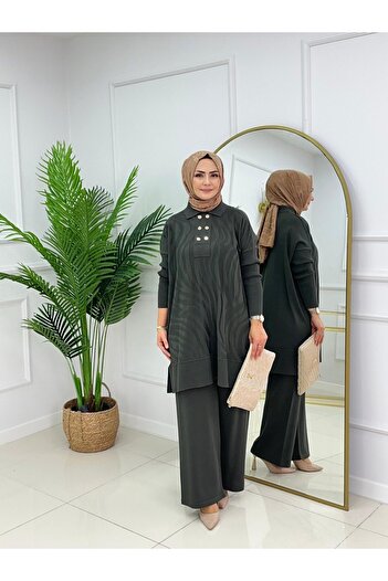 Valens Butik Mercerized Fabric Polo Collar Miray Two-Piece Hijab Set with Pants and Tunic