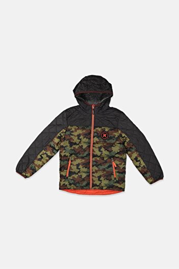 Hurley Kids Boy Hooded Camo Puffer Jacket, Olive