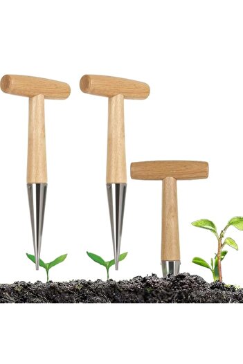 Generic Bukela Dibbler Garden Tool 2 PCS Bulb Planter with Wooden Handle Stainless Steel Hand Dibber Garden