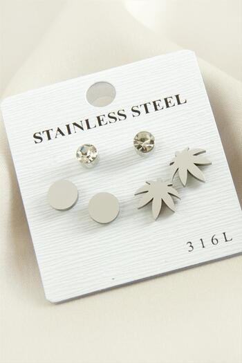 AKSESUARIM 6 Pieces Leaf Stone Steel Earrings