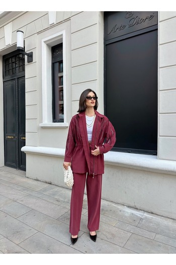MİA NOURA Women's Front Sleeves with Bead Embroidery Tansel Fabric Bambir Ceken Pant Suit