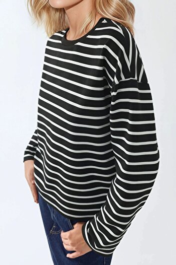 Hiccup Striped Round Neck Long Sleeve Cotton Top