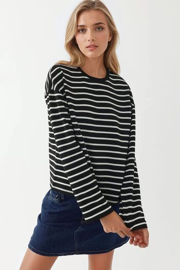 Hiccup Striped Round Neck Long Sleeve Cotton Top
