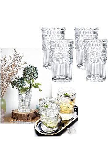 The Bros Embossed Drinking Glasses 4 Pack Crystal Vintage Glassware Set for Juice and Beverages