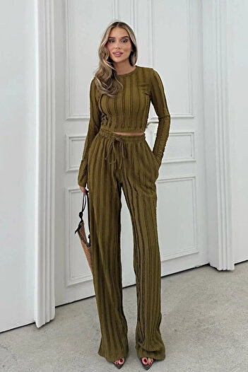 trendalisse Premium Kalite kışlık Ters Dikiş Fırfırlı Esnek Uzun kollu Crop Bol paça Alt üst Takım