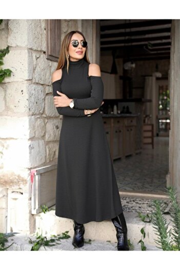 TUA MODA Tua Fashion Women's Turtleneck Off the Shoulder Long Sleeve Janjan Crepe Dress