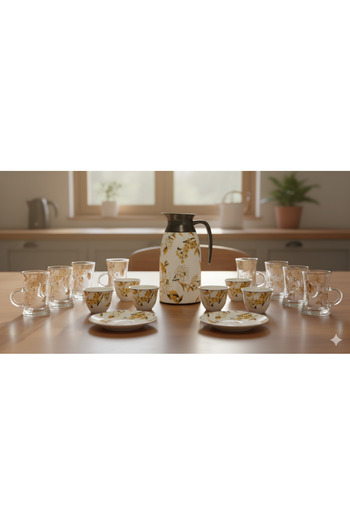 Urbanza Elegant Floral Tea & Coffee Glass Set Serving Collection with Plates