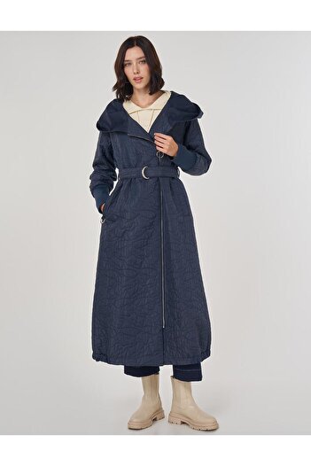 Kayra Embossed Pattern Hooded Wear It Dark Navy Blue