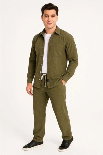 soonaksesuar Men's Velvet Oversized Set – Shirt and Pants Two-Piece Set Smoked Corduroy Elegance, Comfortable