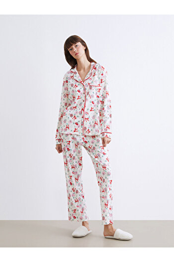 LC Waikiki Özmarka Yeni Sezon Gömlek Yaka Yılbaşı Temalı Kadın Pijama Takımı