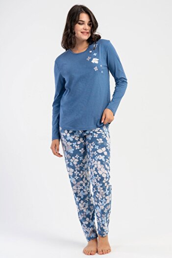 VİENETTA Women's Plus Size Blue Color Long Sleeve Crew Neck Patterned Pajama Set C7T4N3305