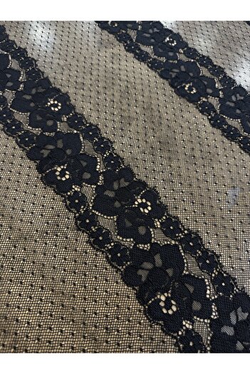 METERİAL Black Striped Floral Pattern Tulle Lace Fabric – 140 cm Width |   Elbiselik – a Piped K Fabric