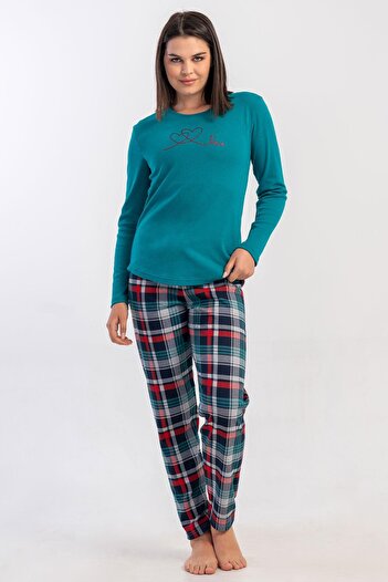 VİENETTA Women's Silver Pine Color Long Sleeve Crew Neck Plaid Bottom Interlock Pajama Set C4T2N2305