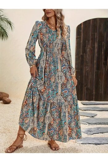 MODA Kadın Maxi Boy Yakası Bağcıklı Beli Lastikli Etnik Desenli Süprem Elbise