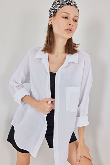 Hiccup Bdart Pocket Detailed Oversized Button Linen Blend Shirt