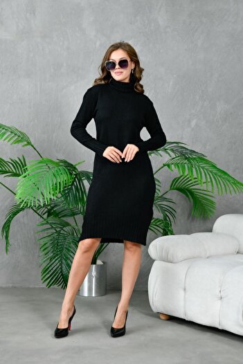 Noi Belis Basic Soft Textured Midi Length Turtleneck Knit Dress Aw25El0017