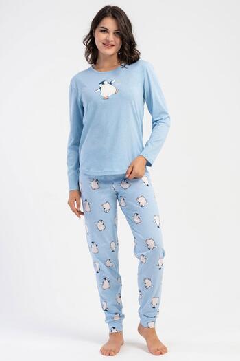 VİENETTA Women's Blue Color Long Sleeve Crew Neck Elastic Leg Penguin Pattern Cotton Pajamas Set C1T6N13