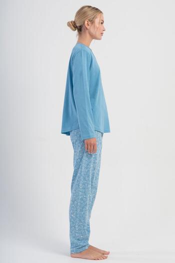 VİENETTA Women's Plus Size Blue Long Sleeve V-Neck Pajama Set C8T6N1305