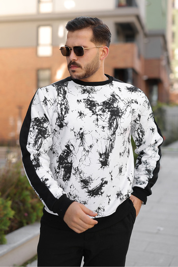 Berka Black and White Printed Premium Sweatshirt with Side Stripes