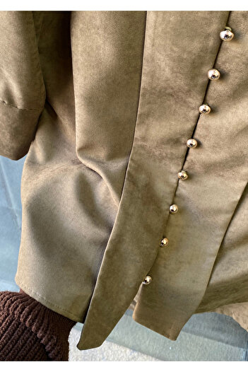 PERA MODA Comfortable Fit Gold Buttoned Suede Stylish Suit with Lacing Detail
