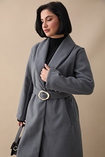 InStyle Shawl Collar Gold Belted Anthracite Cashmere Coat
