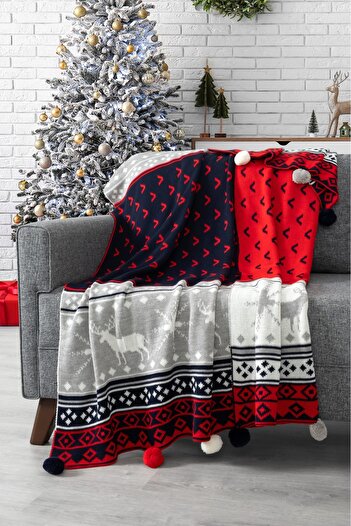 Sevim Deer Pompom Knitted Tv Blanket – New Year's Gift – 130X170 cm – Navy Blue