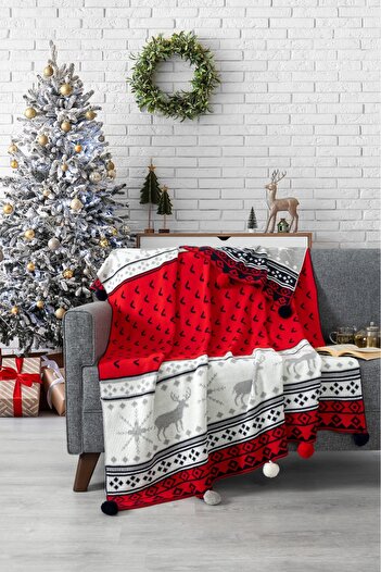 Sevim Deer Pompom Knitted Tv Blanket – New Year's Gift – 130X170 cm – Navy Blue
