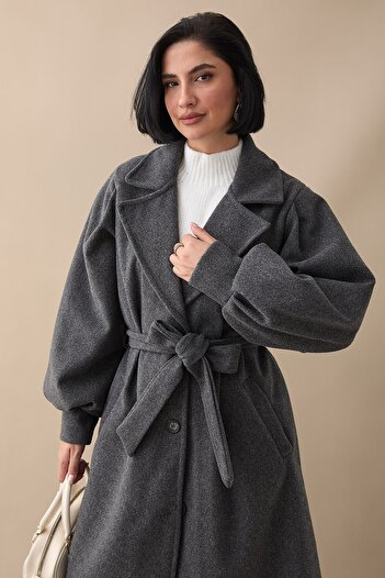 InStyle Double-Breasted Balloon Sleeve Belted Gray Anthracite Cashmere Coat