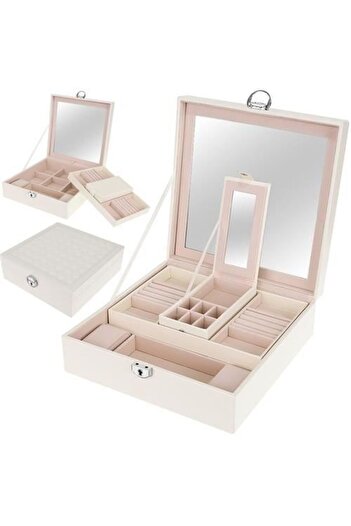 zola Jewellery box, with 2 places for watches, mirror, white, 25.5x 25.5cm
