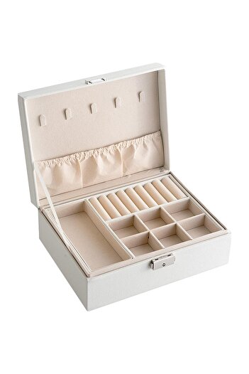 zola Jewellery box, rectangle, with clasp, 23x18x9 cm, white -leather