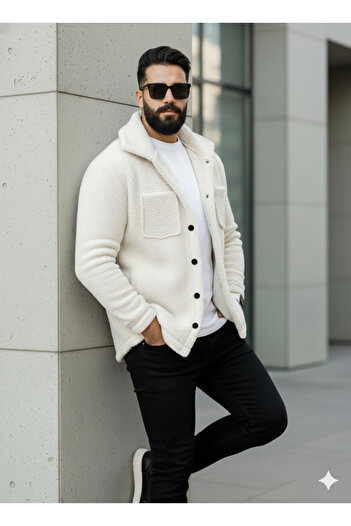 Teenage Millionaire Erkek Ekru Beyaz Peluş Tüylü Gömlek Yaka Modeli Düğmeli Ceket Hırka Mont Sweatshirt Polar