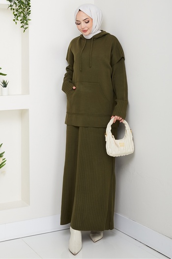 Bestenur Hooded Tunic Dress Knitwear Set 1645 - Khaki