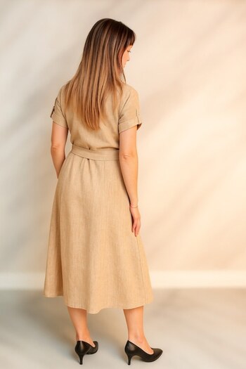 OEM Beige Midi Dress with Full-Length Buttons, Size S-M-L (INTL) -