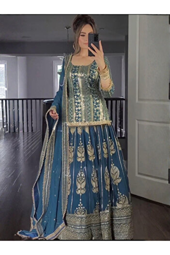 MYSMAR Mymar Blue Faux Georgette Lehenga Blouse Dupatta - PMM17576 | Blue