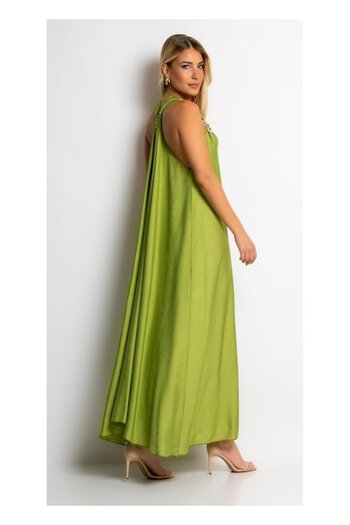 OEM Long Viscose Dress Lime Green with Decorative Shoulder Detail, Size S-M-L