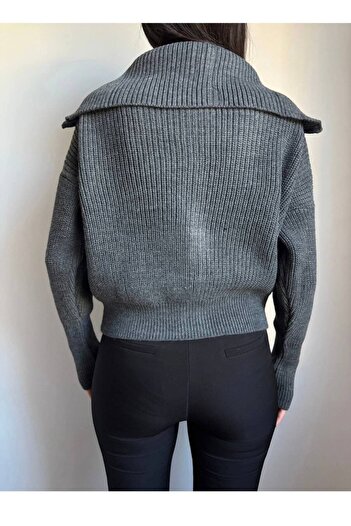 Nopen Knitwear Kadın Antrasit Devrik Yaka Fermuarlı Triko Hırka