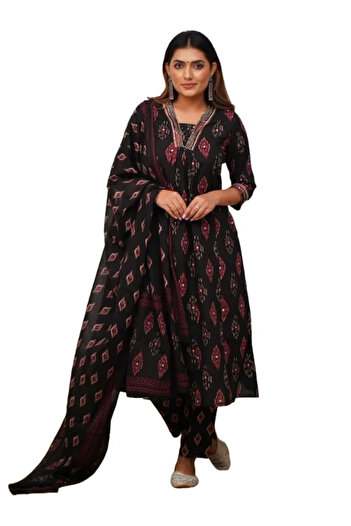 MYSMAR Black Viscose Cotton Salwaar Kameez Dupatta - ALV1073 | Black