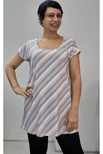 Mertcan Butik Blue Latte Cream Striped Size Fits All Low-Sleeve Combed Viscose T-Shirt