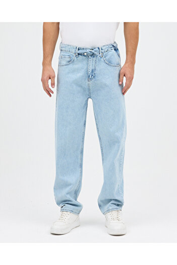 THE RULE Men's Light Blue Baggy Elastic Waist Stretch Fabric Straight Leg Loose Fit Stretchy Jean Denim Jeans Pants Rf0482
