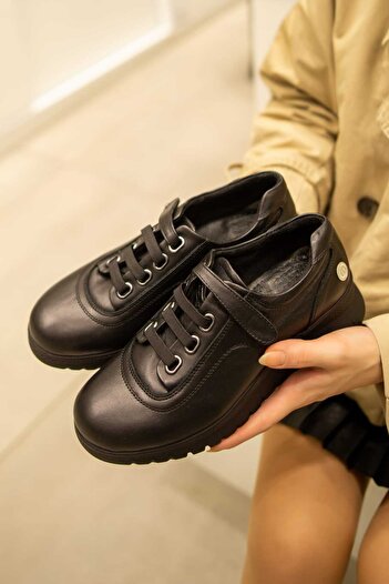 Mammamia 7265 Genuine Leather Rubber Laces Detailed Velcro Strap Orthopedic Lightweight Sole Casual Shoes