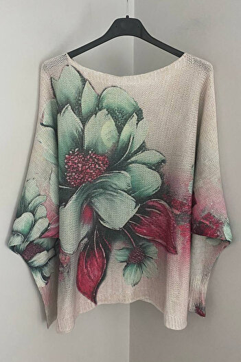 AYASOFYA OTANTIK Women's Italian Fuchsia Glitter Leaf Floral Pattern Batwing Sleeve Mercerized Blouse Sweater