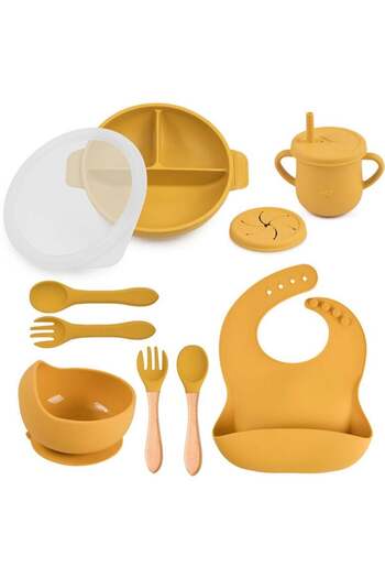fulina Baby Led Weaning Feeding Supplies , Suction Silicone Baby Bowl Self Eating Utensils Yellow