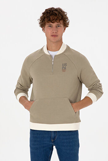 U.S. Polo Assn. Men's Half Zip Comfort Fit Light Khaki Basic Sweatshirt 50316303-Vr183