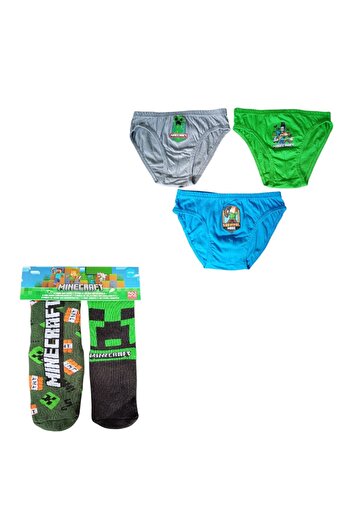 MINECRAFT Set of 2 pairs of socks, non-slip sole, 3 pairs of boys' panties, 100% cotton, multicolor, Happy