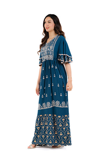 amaan Women Embroidered Jalabiya Dress, Rayon Fabric, Modern Arabic Design,bell sleeeves and empire waist
