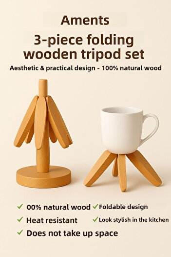 Amentes Set of 3 Bamboo Tree Trivets with Stand, Heat Resistant Folding Trivets for Cups and Pots