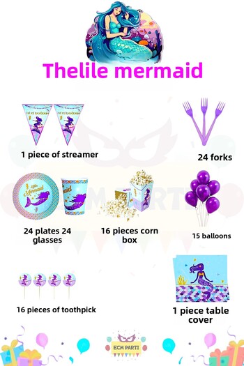 ECM PARTI Mermaid Themed Ultra Birthday Party Set for 24 People