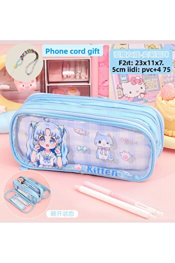synshop Kawaii Anime Blue Cat Girl Θήκη μολυβιού μεγάλου μεγέθους με πολλά διαμερίσματα Τσάντα μακιγιάζ